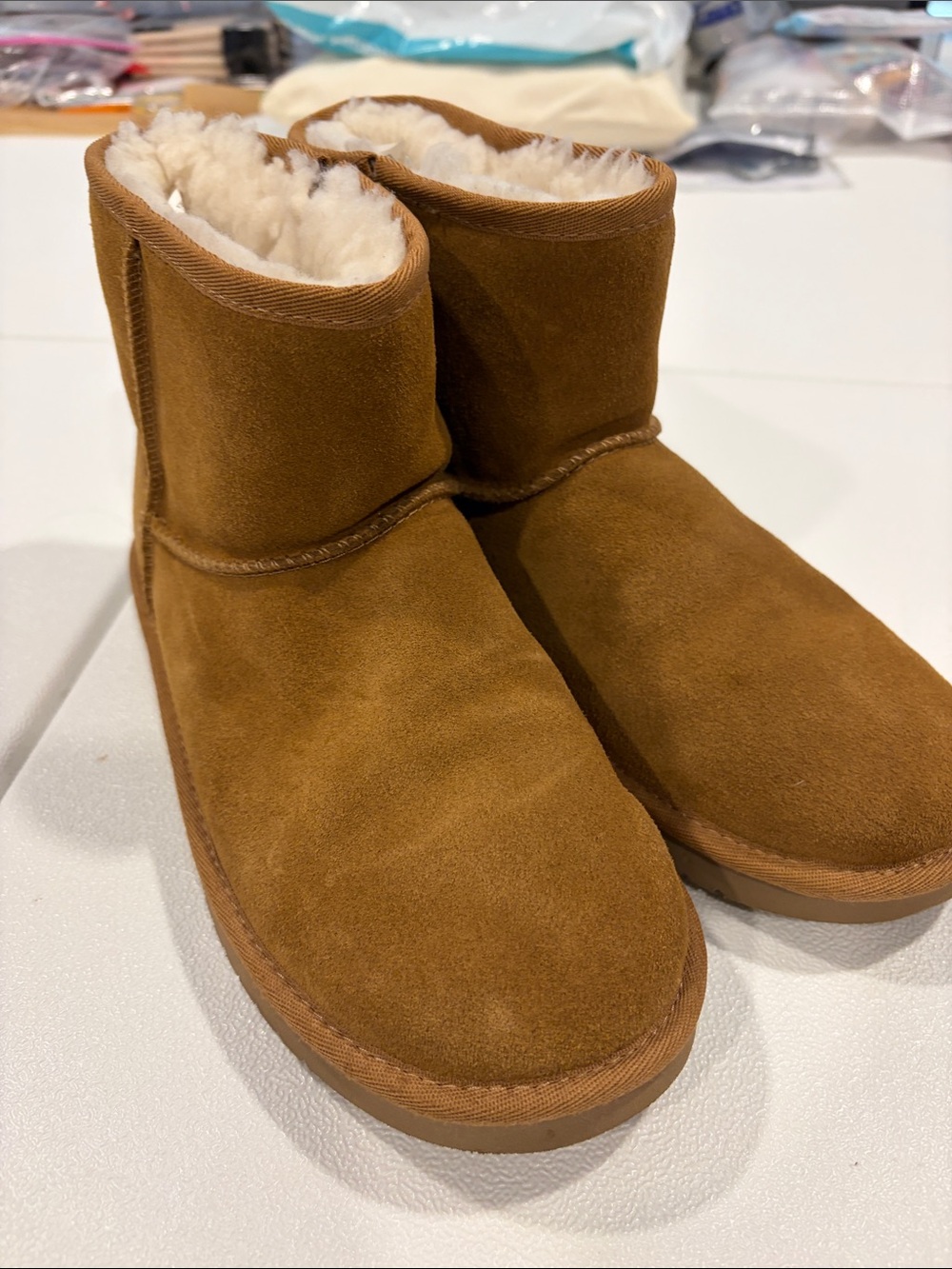 Koolaburra Short Shearling-Lined Suede Boots in Chestnut Brown